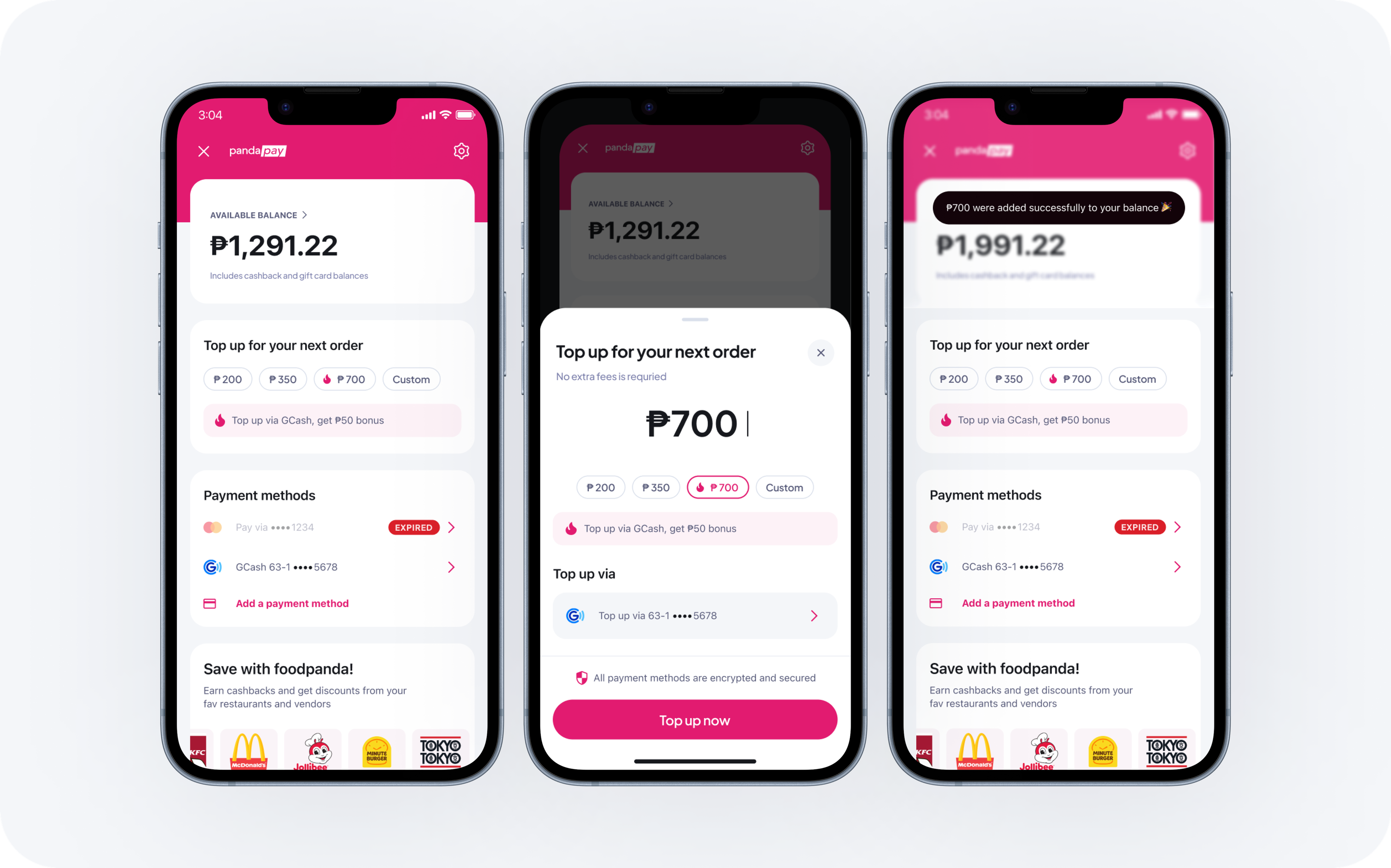 The redesigned top-up: the wallet home with one available balance of ₱1,291.22, a half-sheet adding ₱700 via GCash, and the balance updated to ₱1,991.22