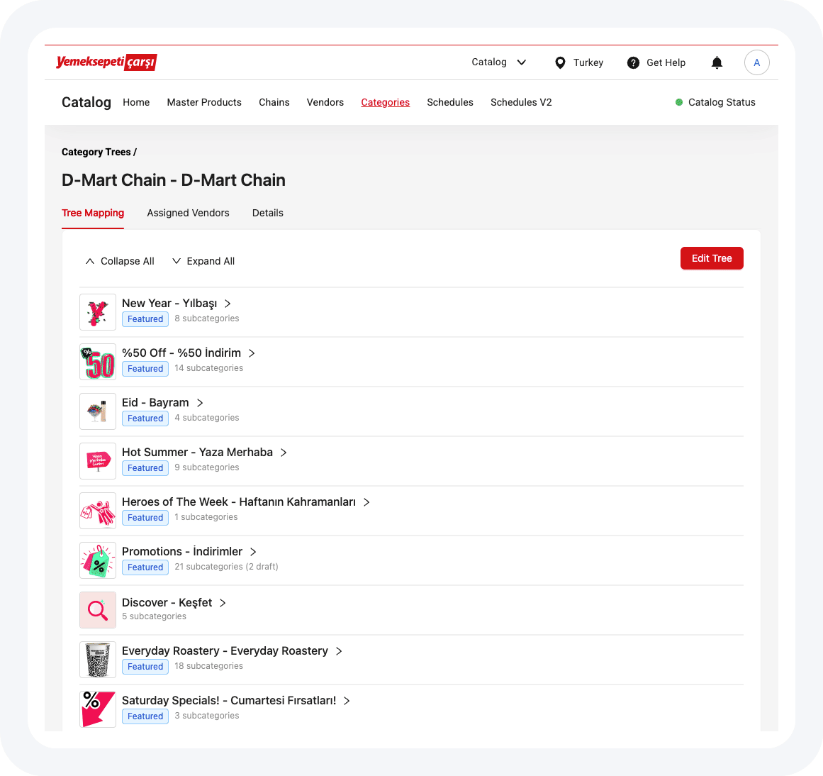 Tree mapping with thumbnails, bilingual names and product counts