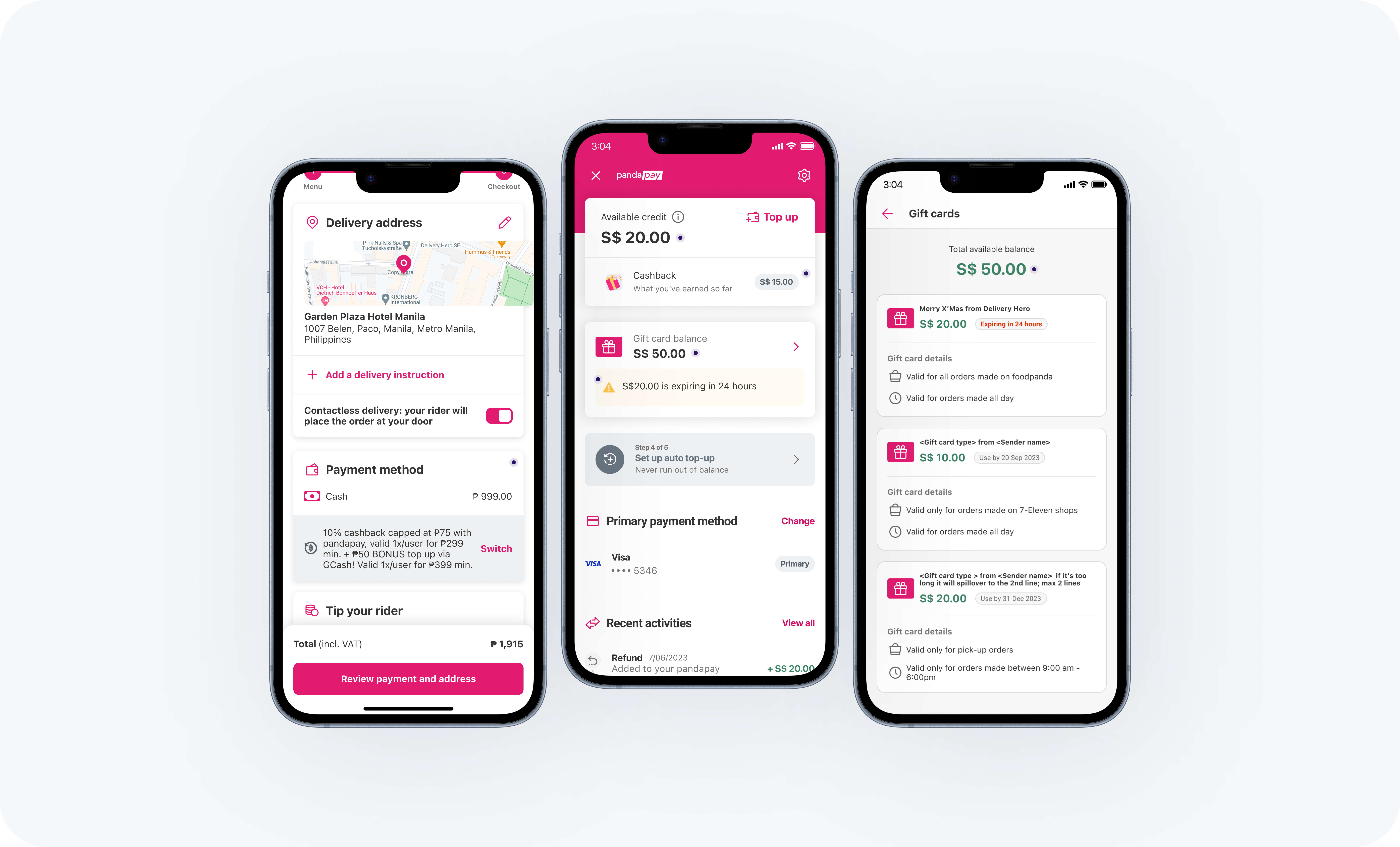 The legacy experience: checkout with PandaPay's offer buried under Cash, the wallet stacking three separate balances, and a gift card list with expiry warnings