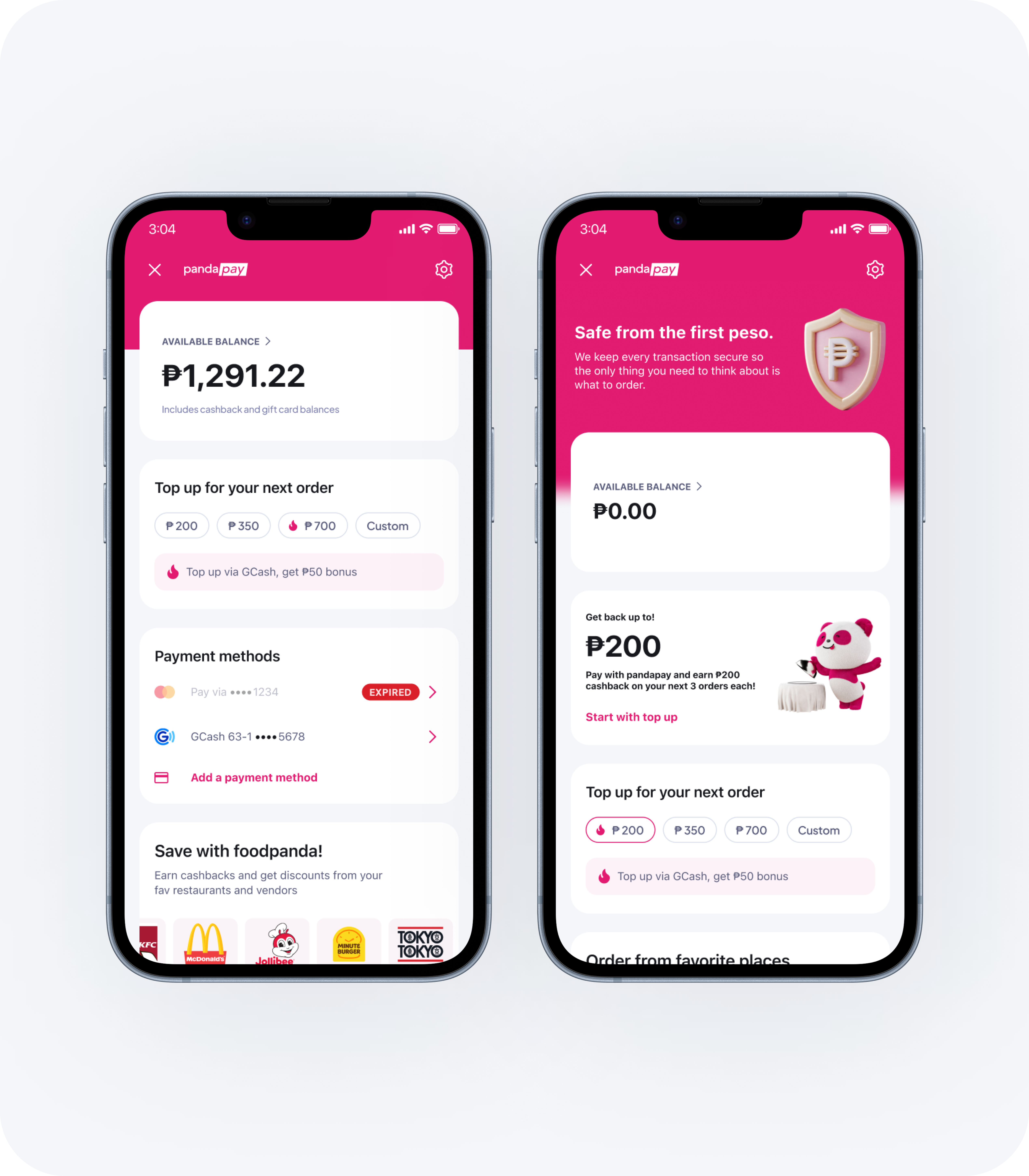 The redesigned wallet: one total available balance up front, and a security-first empty state, Safe from the first peso